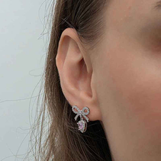 Bow Pink Stone Heart Stud Women's Silver Earrings