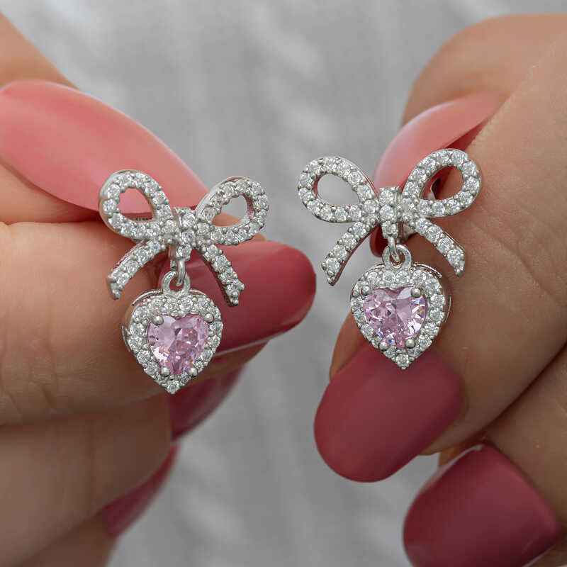 Bow Pink Stone Heart Stud Women's Silver Earrings
