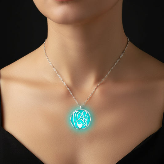 Collier phosphorescent en argent pour femme avec inscription « Mère et enfant »