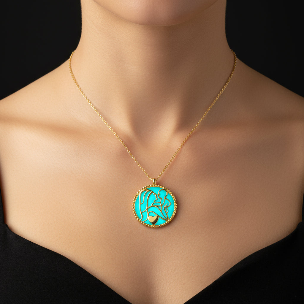 Phosphorescent Gold Mother Child Love Women's Silver Pendant