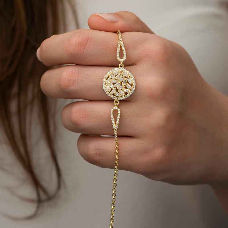 Gold Plated Baguette Stone Silver Bracelet