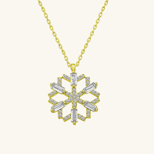 Gold Plated Baguette Stone Snowflake Silver Necklace