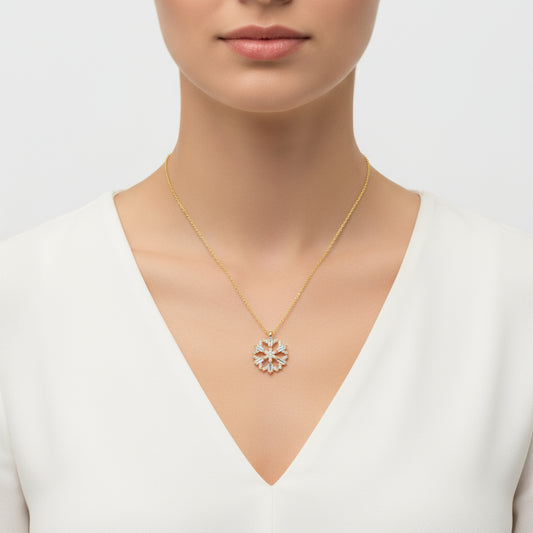 Gold Plated Baguette Stone Snowflake Silver Necklace