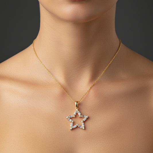 Gold Plated Baguette Stone Star Women's Silver Necklace