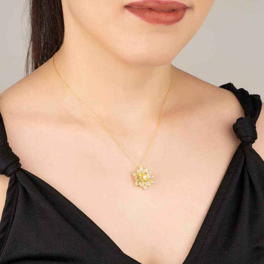 Gold Plated White Stone Lotus Flower Women's Silver Necklace