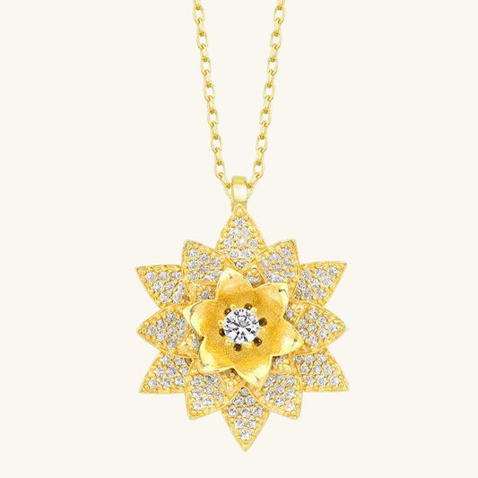 Gold Plated White Stone Lotus Flower Women's Silver Necklace