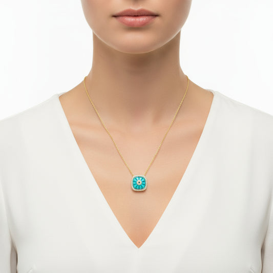 Gold Plated Square Evil Eye Women's Silver Necklace