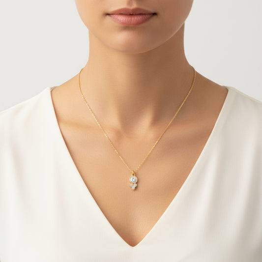 Gold Plated Dewdrop Round Solitaire Women's Silver Necklace