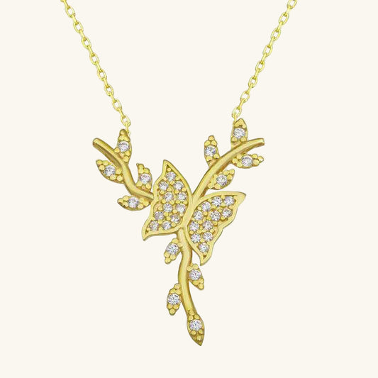 Gold Plated Butterfly on Branch Women's Silver Necklace