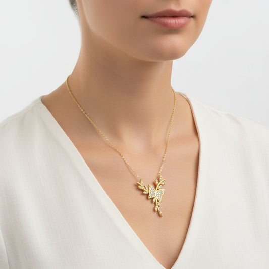Gold Plated Butterfly on Branch Women's Silver Necklace