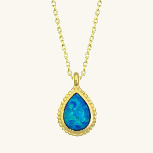 Gold Plated Drop Blue Opal Stone Women's Silver Necklace