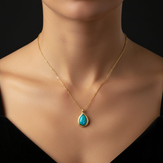 Gold Plated Drop Blue Opal Stone Women's Silver Necklace