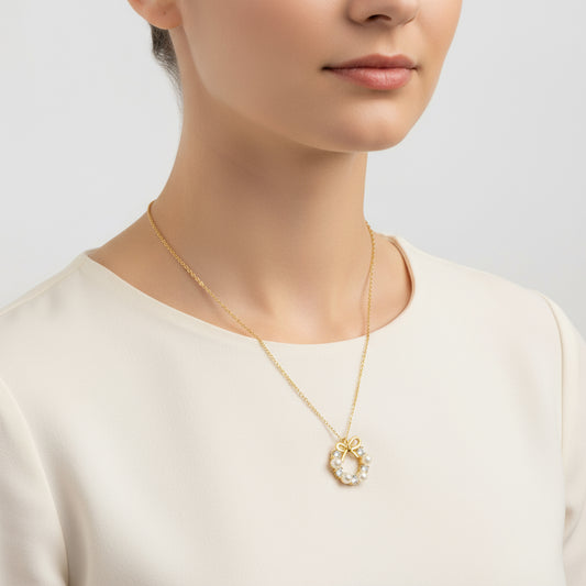Gold Plated Pearl Ribbon Women's Silver Necklace