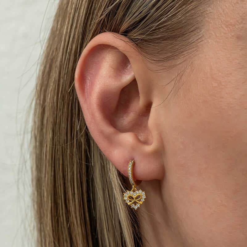 Gold Plated Heart Ribbon Dangle Women's Silver Earrings