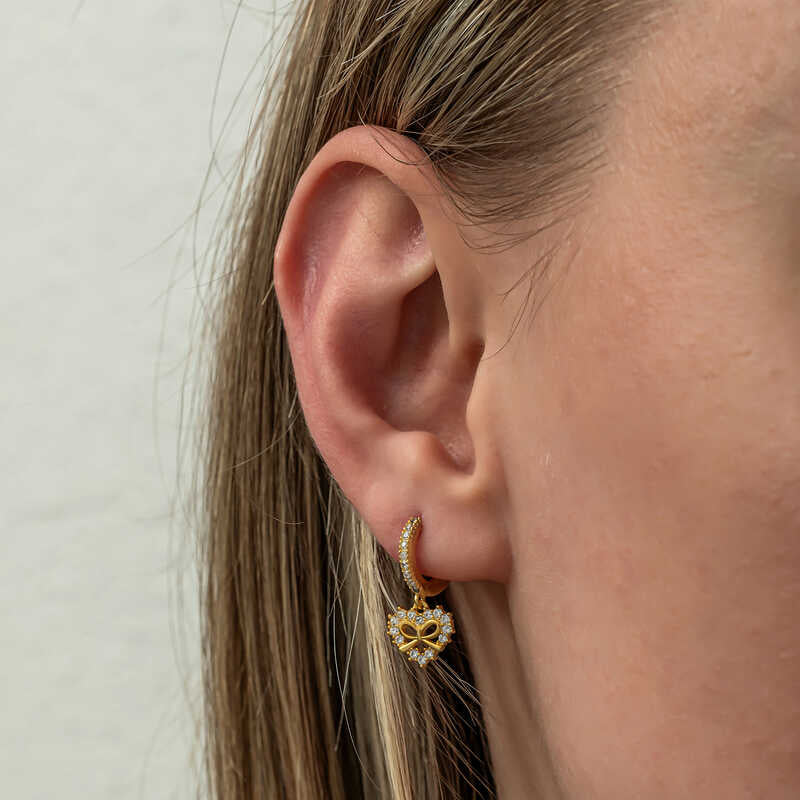 Gold Plated Heart Ribbon Dangle Women's Silver Earrings