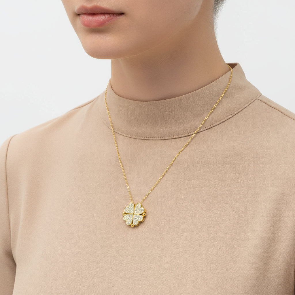 Gold Plated Heart Openable Clover Women's Silver Necklace