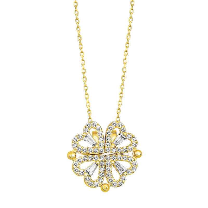 Gold Plated Heart Openable Clover Women's Silver Necklace