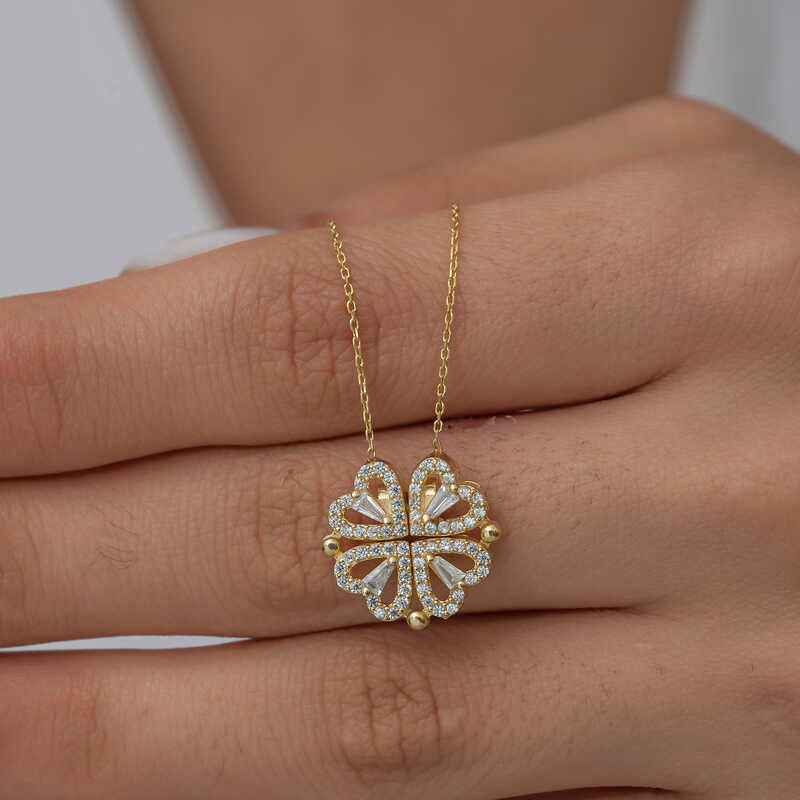 Gold Plated Heart Openable Clover Women's Silver Necklace