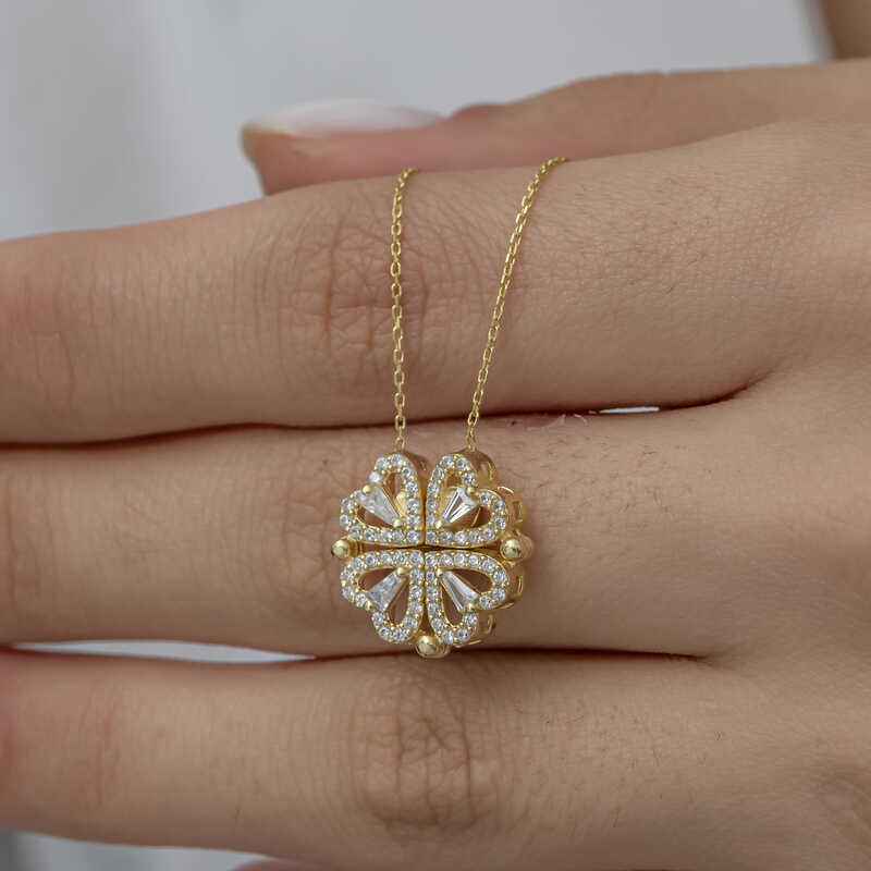 Gold Plated Heart Openable Clover Women's Silver Necklace