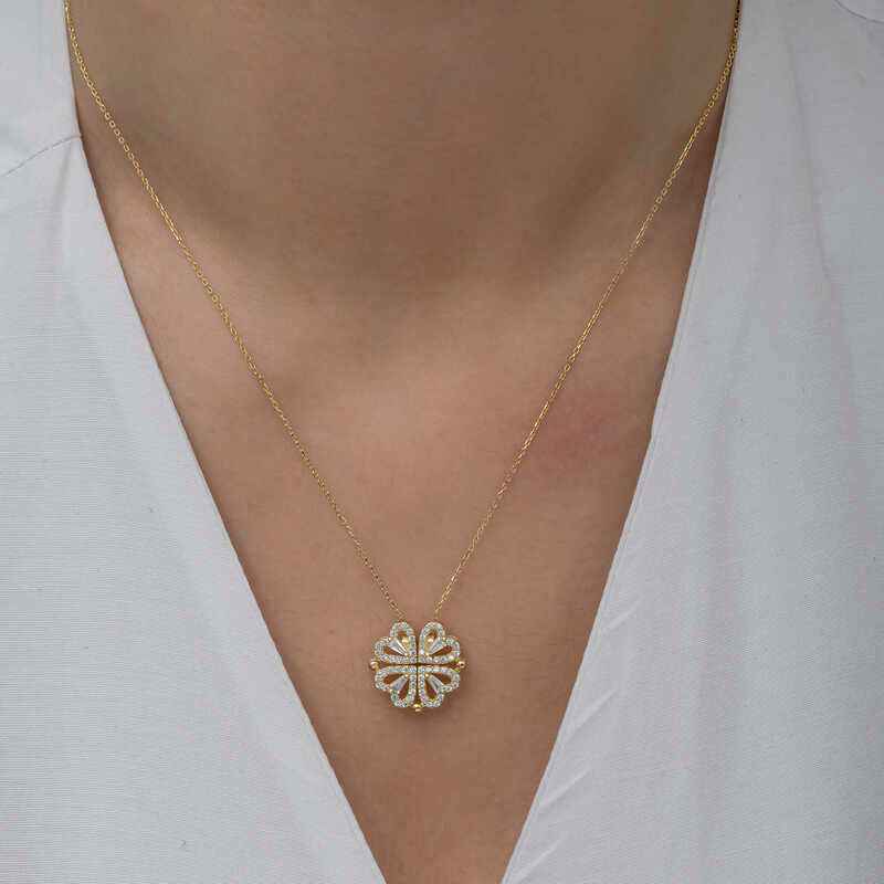 Gold Plated Heart Openable Clover Women's Silver Necklace
