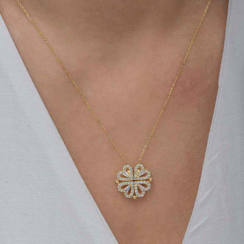 Gold Plated Heart Openable Clover Women's Silver Necklace