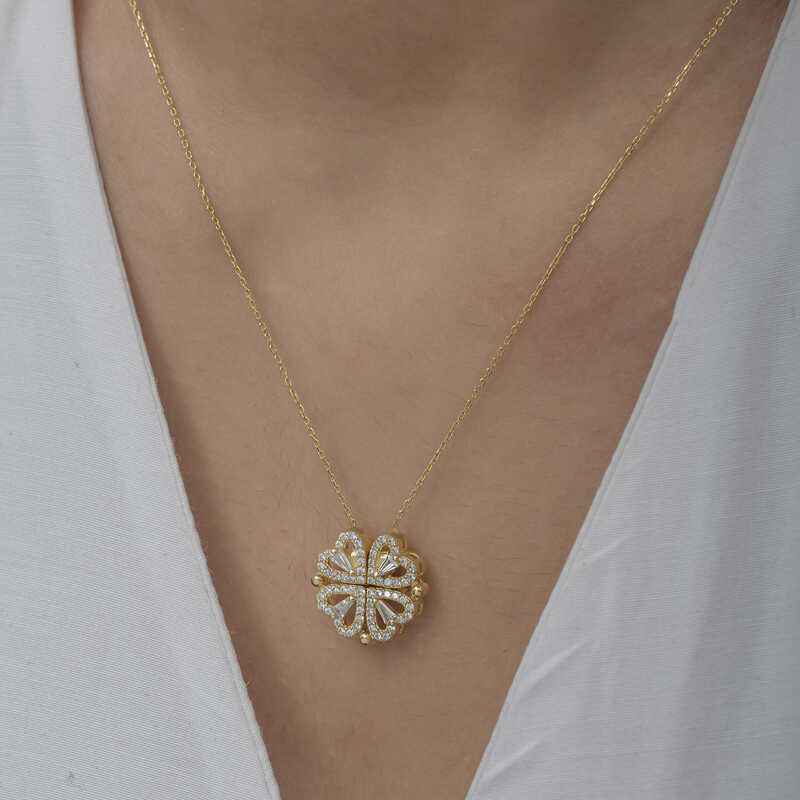 Gold Plated Heart Openable Clover Women's Silver Necklace