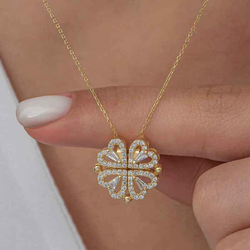 Gold Plated Heart Openable Clover Women's Silver Necklace