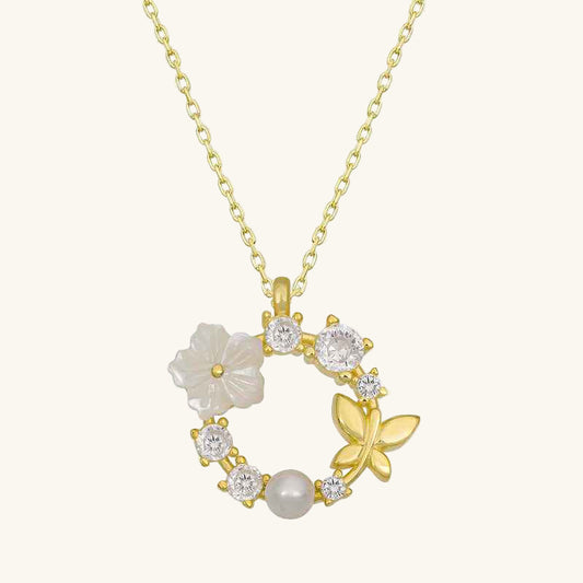 Gold Plated Magnolia Flower Butterfly Women's Silver Necklace