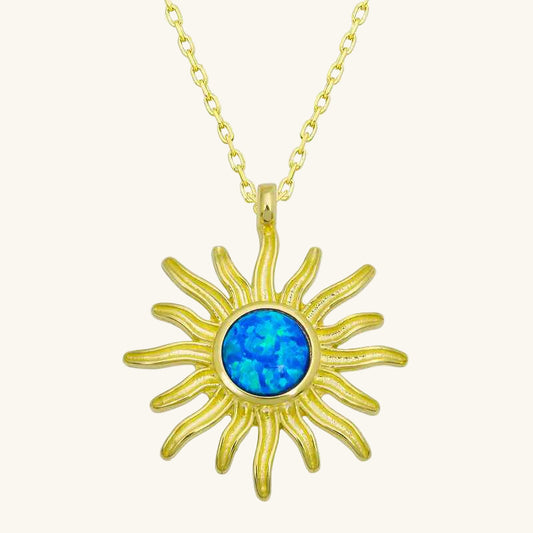 Gold Plated Blue Opal Stone Sun Women's Silver Necklace