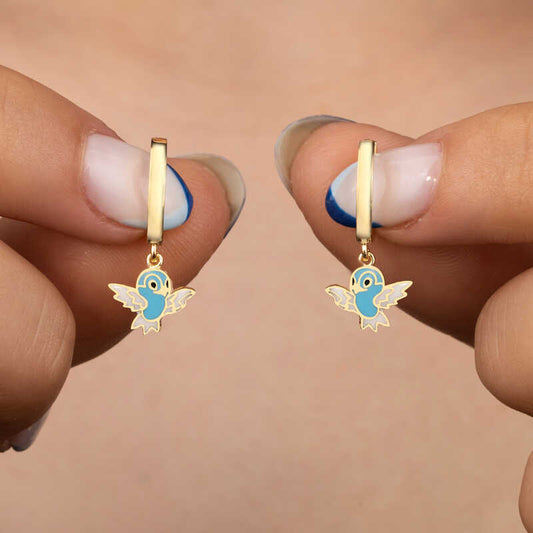 Boucles d'oreilles pendantes en argent plaqué or pour femme, motif oiseau bleu