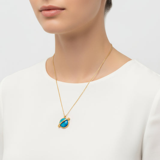 Gold Plated Opal Stone Planet Women's Silver Necklace