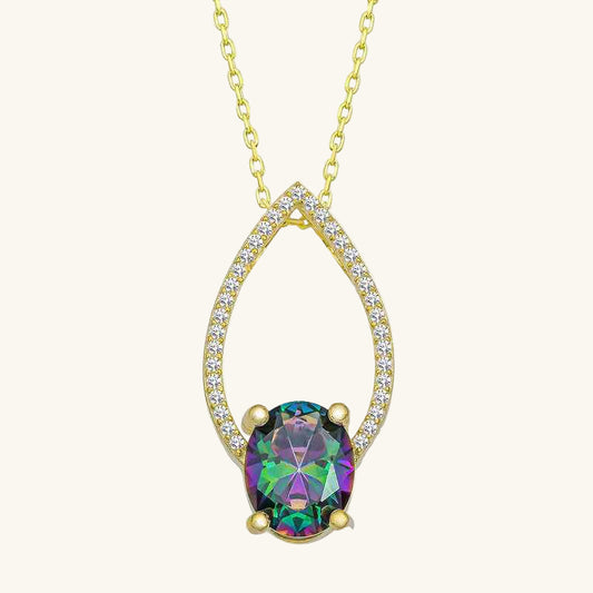 Gold Plated Oval Mystic Topaz Stone Drop Women's Silver Necklace