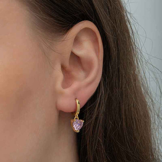 Gold Plated Pink Stone Heart Women's Silver Earrings