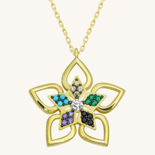 Gold Plated Colorful Stone Flower Women's Silver Necklace