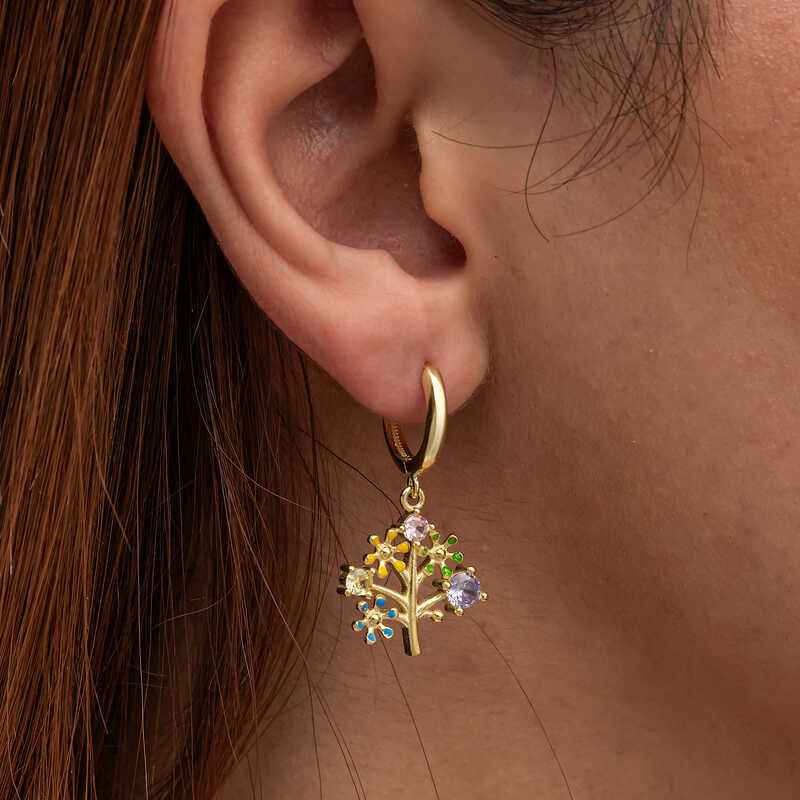 Gold Plated Stone Tree of Life Women's Silver Earrings