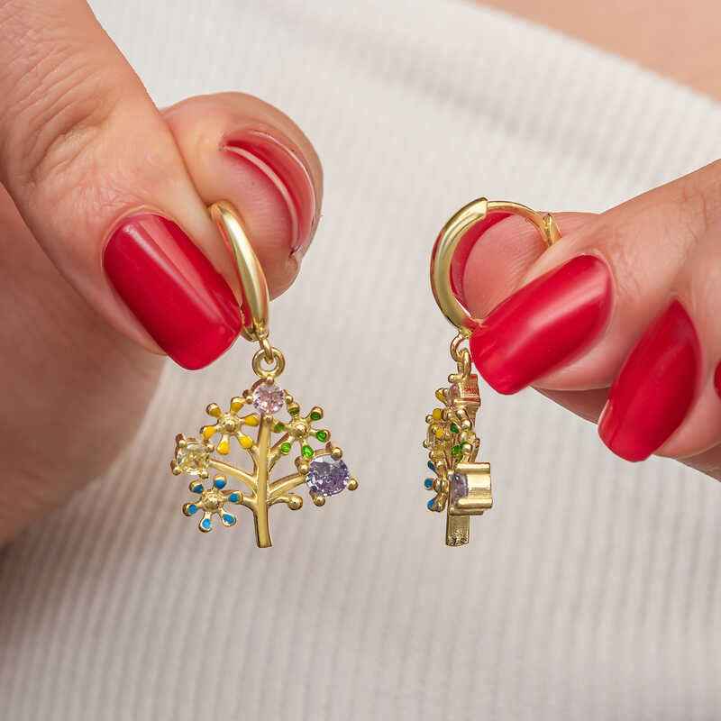 Gold Plated Stone Tree of Life Women's Silver Earrings