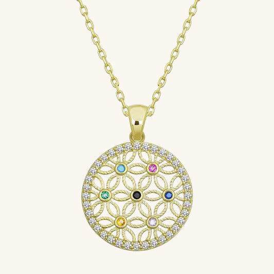 Gold Plated Stone Flower of Life Women's Silver Necklace