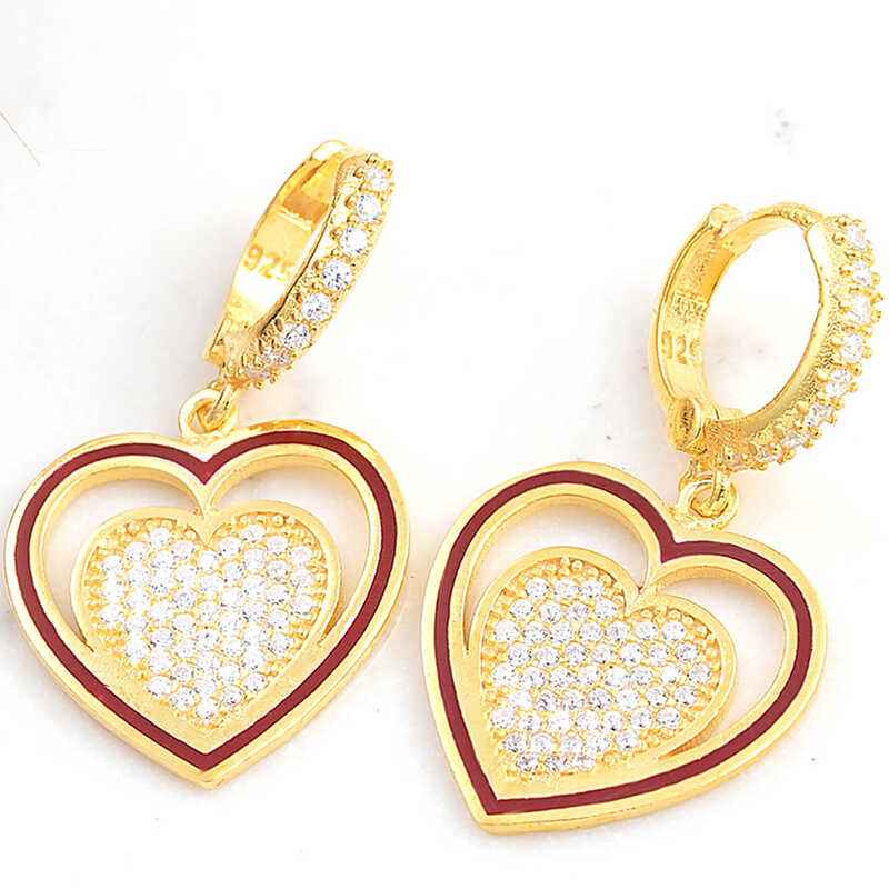 Gold Plated Dangling Heart Women's Silver Earring