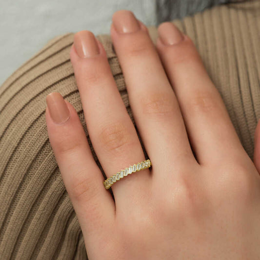Gold Plated Row Baguette Stone Women's Silver Ring