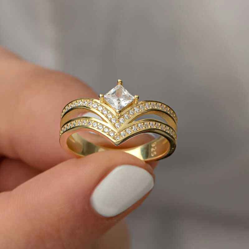 Gold Plated Single Stone Women's Silver Ring