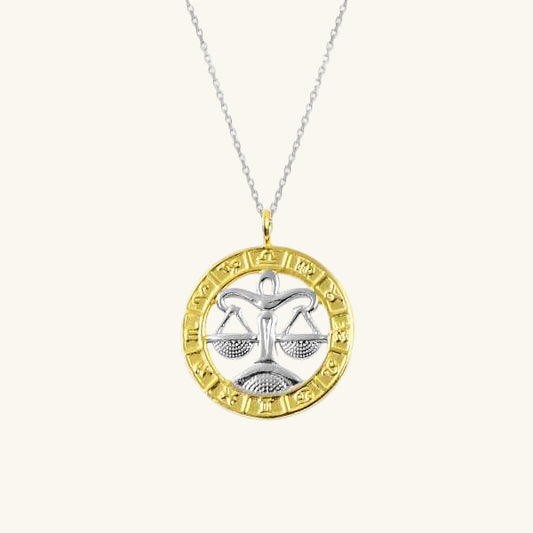 Collier en argent plaqué or avec signe du zodiaque Balance