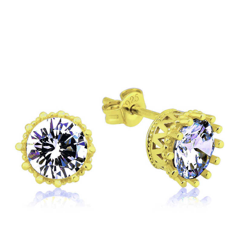 Gold Plated Single Stone Pronged Women's Silver Earring