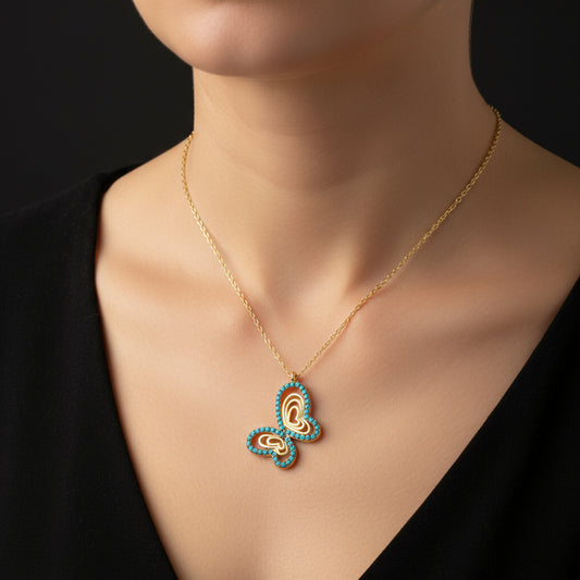 Gold Plated Turquoise Stone Butterfly Women's Silver Necklace