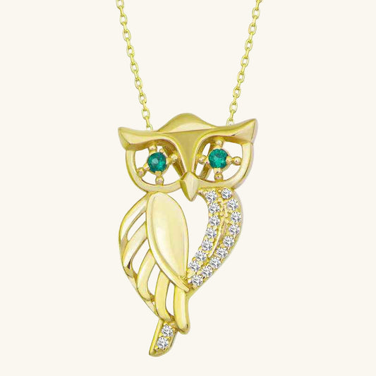 Green-Eyed Owl Gold Plated Women's Silver Necklace
