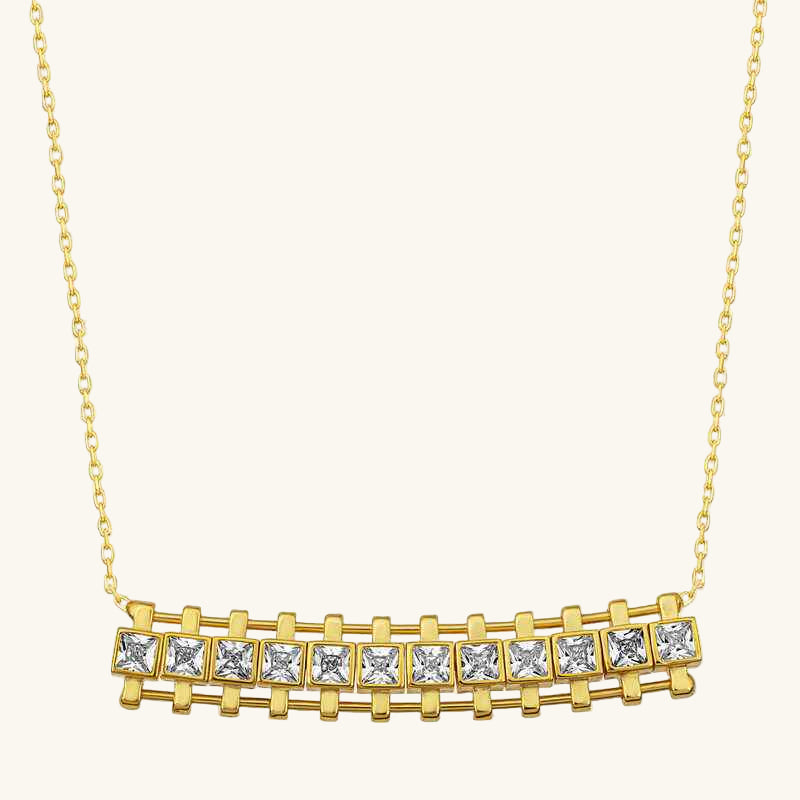 Gold Plated Zircon Stone Square Bar Women's Silver Necklace