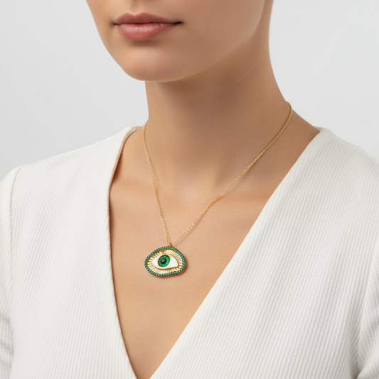 Gold Plated Emerald Eye Protection Women's Silver Necklace