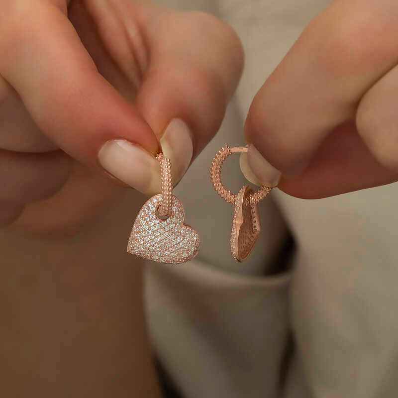 Rose Plated Heart Hoop Women's Silver Earrings