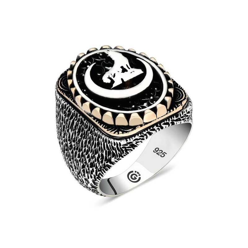 Bague ovale en argent pour homme avec motif de loup gris croissant
