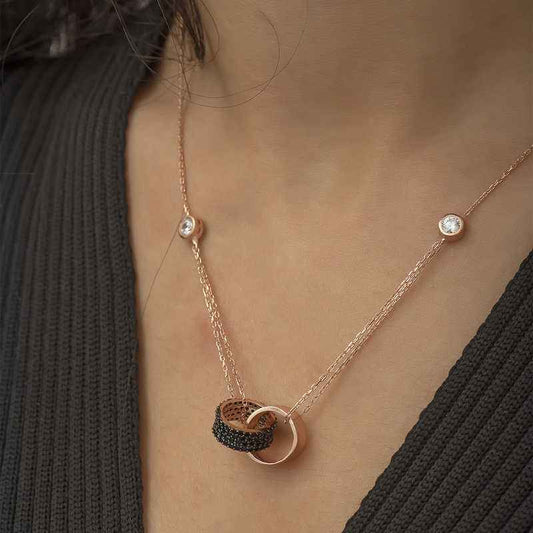 Rose Gold Plated Interlocking Hoop Silver Necklace