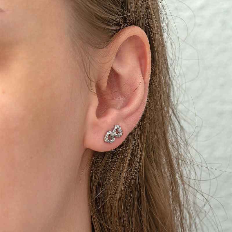 Double Heart Stud Women's Silver Earrings
